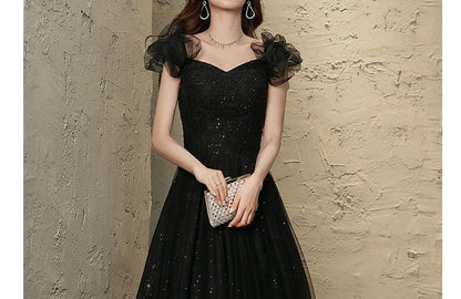 Ruffle Strap Sweetheart-Neckline Glitter A-Line Evening Gown