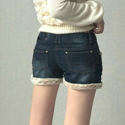Off Shoulder Plain Sweater / Collared Panel Fluffy Zip Jacket / Mid Rise Washed Fluffy Trim Denim Shorts