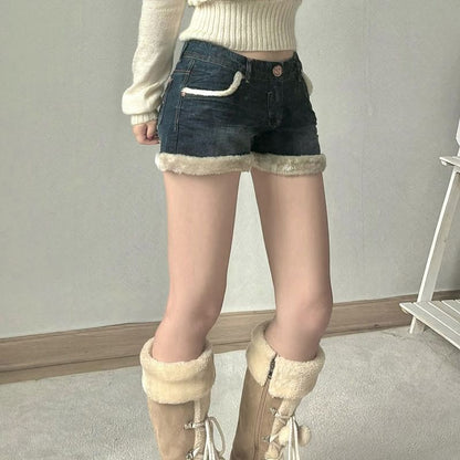 Off Shoulder Plain Sweater / Collared Panel Fluffy Zip Jacket / Mid Rise Washed Fluffy Trim Denim Shorts