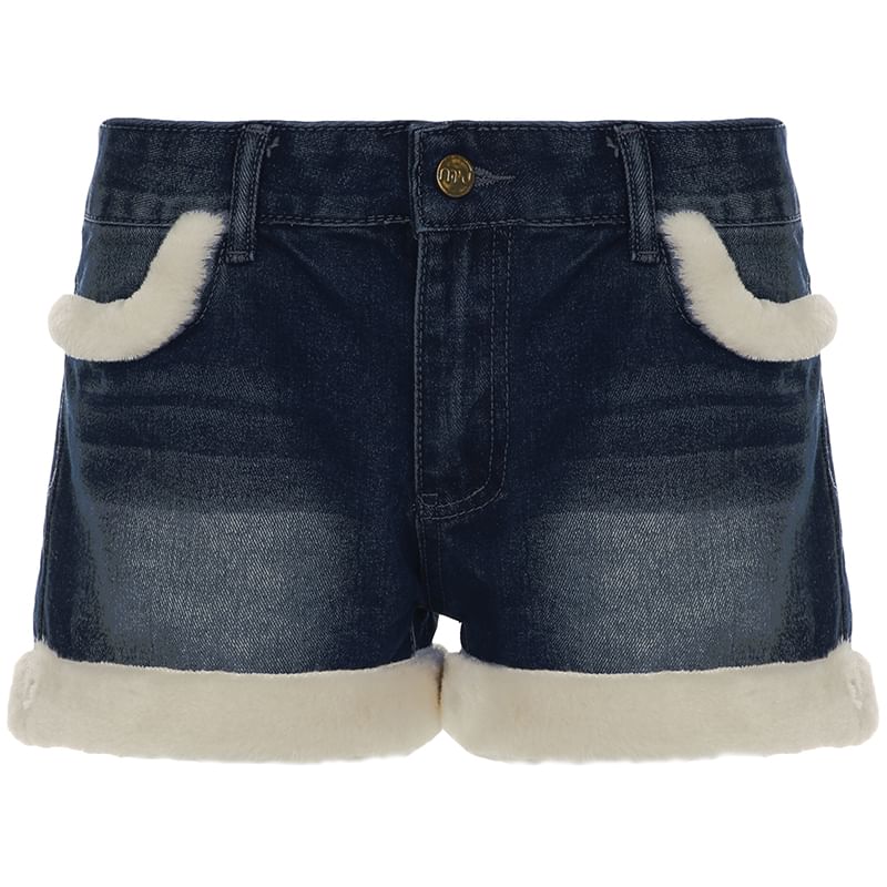 Off Shoulder Plain Sweater / Collared Panel Fluffy Zip Jacket / Mid Rise Washed Fluffy Trim Denim Shorts