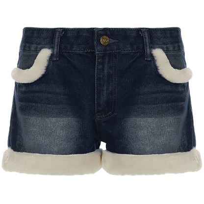 Off Shoulder Plain Sweater / Collared Panel Fluffy Zip Jacket / Mid Rise Washed Fluffy Trim Denim Shorts