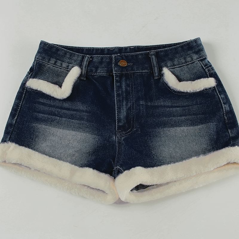 Off Shoulder Plain Sweater / Collared Panel Fluffy Zip Jacket / Mid Rise Washed Fluffy Trim Denim Shorts