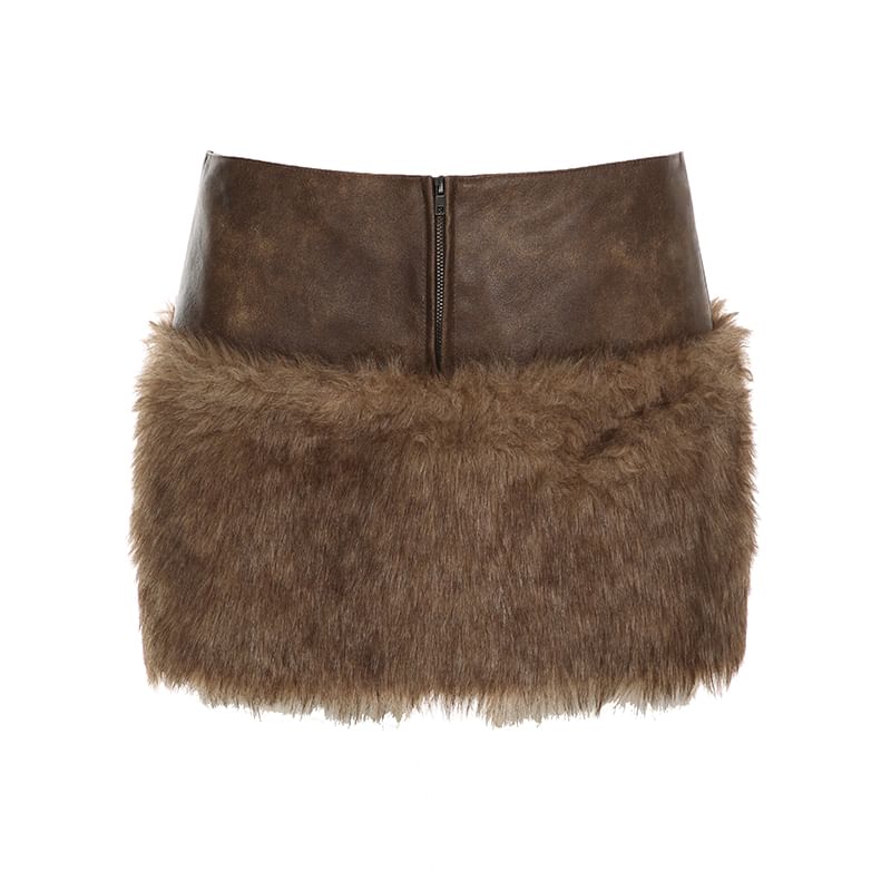 Collared Faux Fur Crop Jacket / Low Waist Zip Panel Faux Leather Mini Pencil Skirt