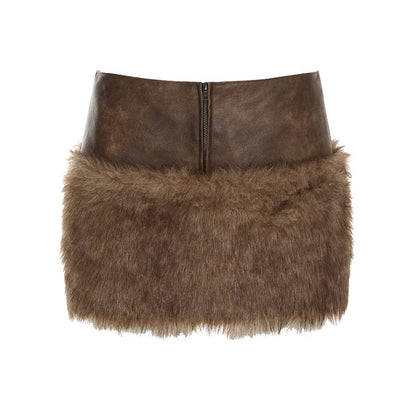 Collared Faux Fur Crop Jacket / Low Waist Zip Panel Faux Leather Mini Pencil Skirt