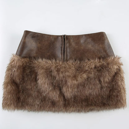 Collared Faux Fur Crop Jacket / Low Waist Zip Panel Faux Leather Mini Pencil Skirt