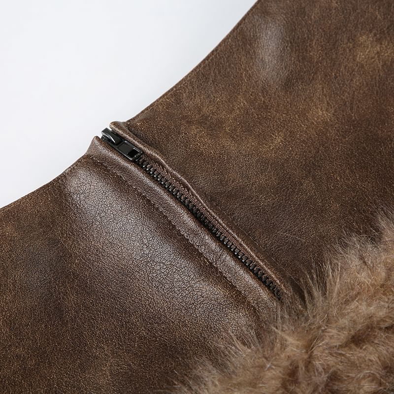 Collared Faux Fur Crop Jacket / Low Waist Zip Panel Faux Leather Mini Pencil Skirt