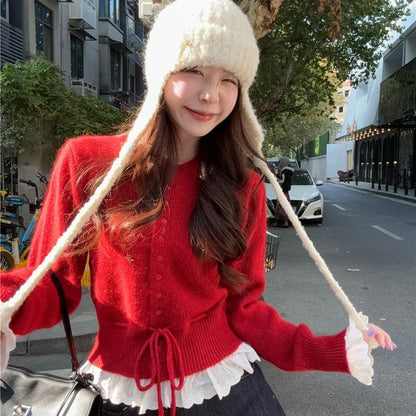 Drawstring Button-Front Solid Knit Jacket