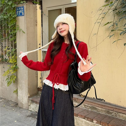 Drawstring Button-Front Solid Knit Jacket