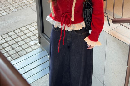 Drawstring Button-Front Solid Knit Jacket