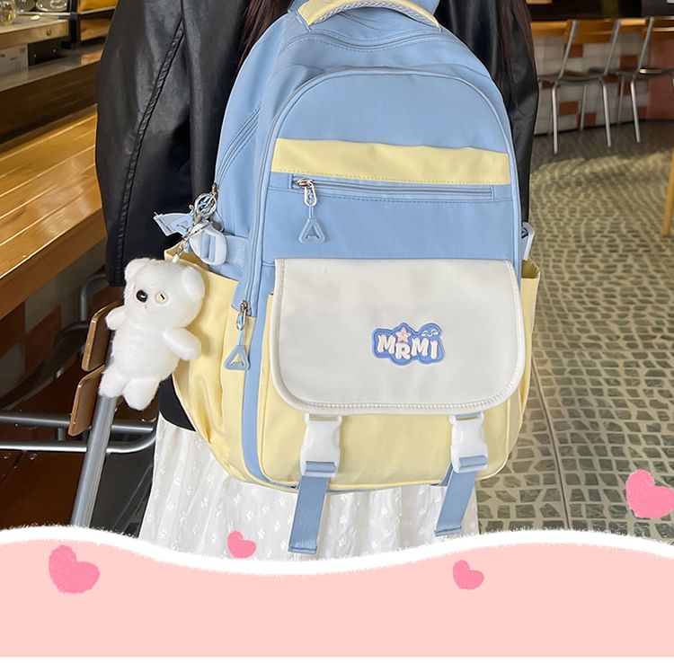 Lettering Applique Buckled Nylon Backpack / Bag Charm / Set