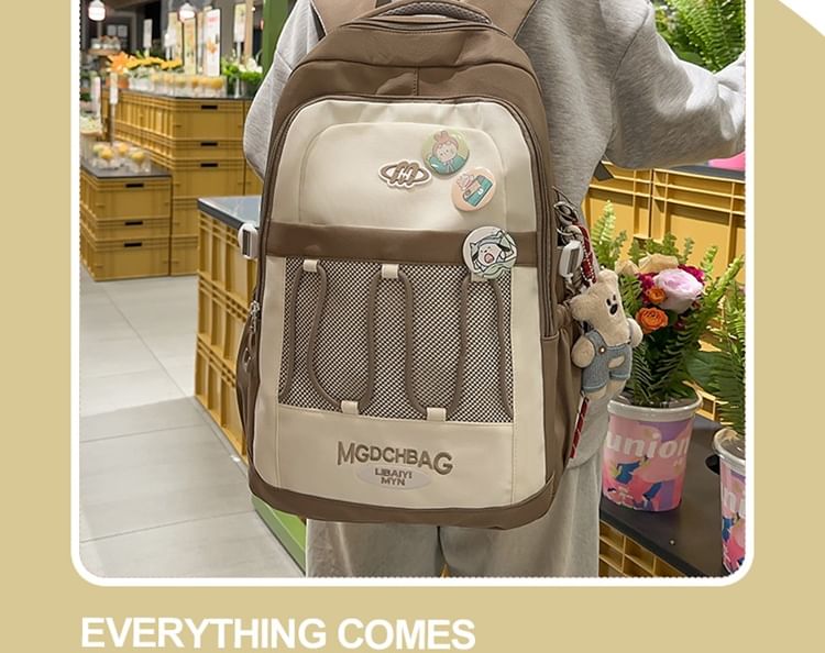 Lettering Embroidered Drawstring Mesh Panel Nylon Backpack / Brooch / Set