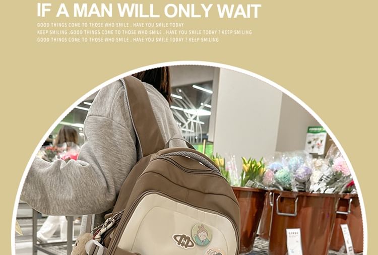 Lettering Embroidered Drawstring Mesh Panel Nylon Backpack / Brooch / Set