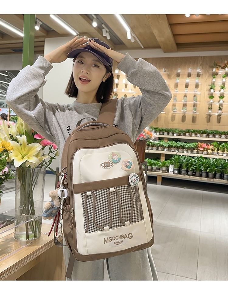 Lettering Embroidered Drawstring Mesh Panel Nylon Backpack / Brooch / Set