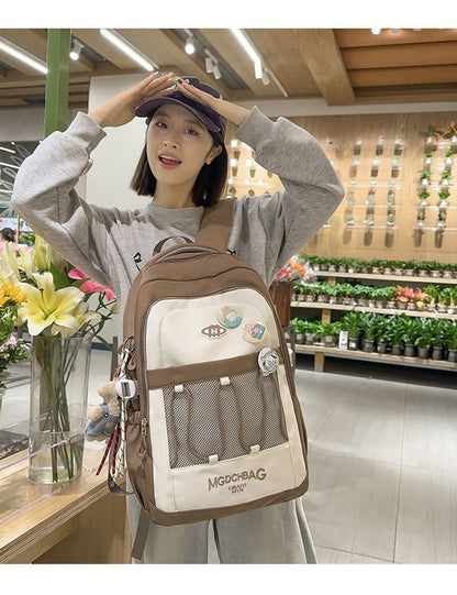 Lettering Embroidered Drawstring Mesh Panel Nylon Backpack / Brooch / Set