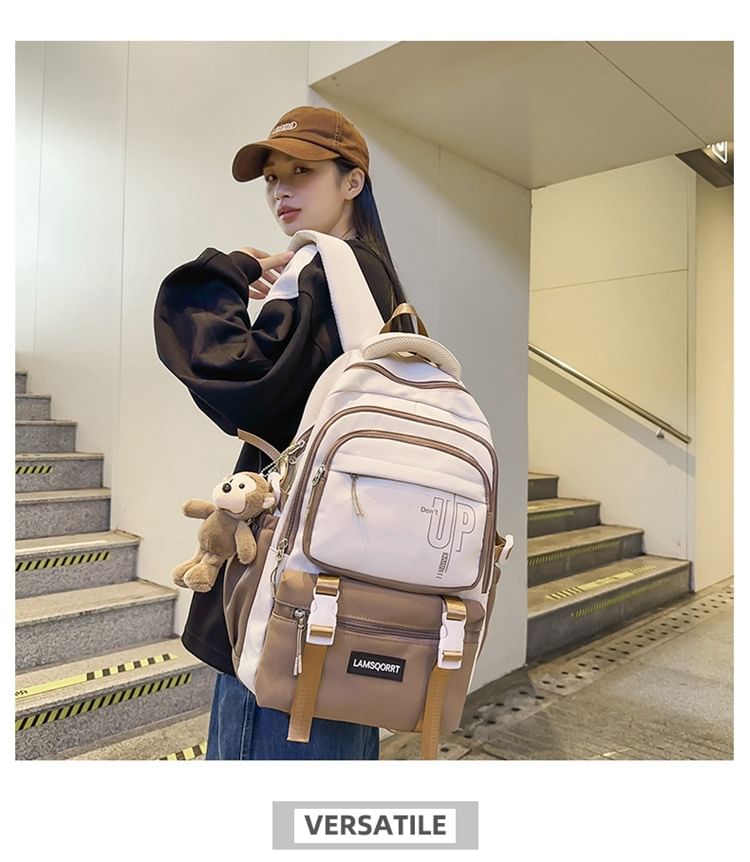 Lettering Buckled Nylon Backpack / Bag Charm / Set