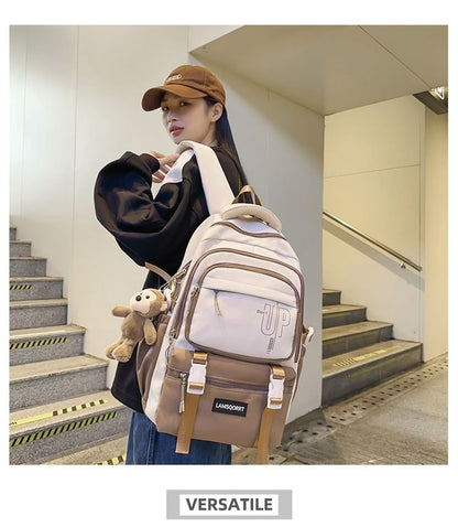 Lettering Buckled Nylon Backpack / Bag Charm / Set