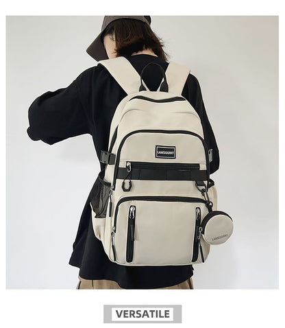 Set: Lettering Applique Nylon Backpack + Coin Purse