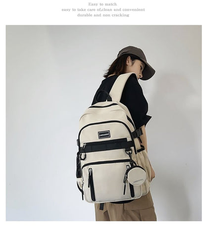 Set: Lettering Applique Nylon Backpack + Coin Purse