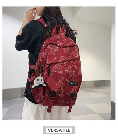 Bear Print Buckled Nylon Backpack