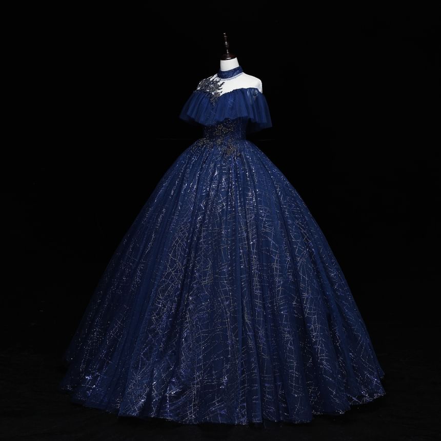 Cap-Sleeve Neck Sequin Ball Gown Mock