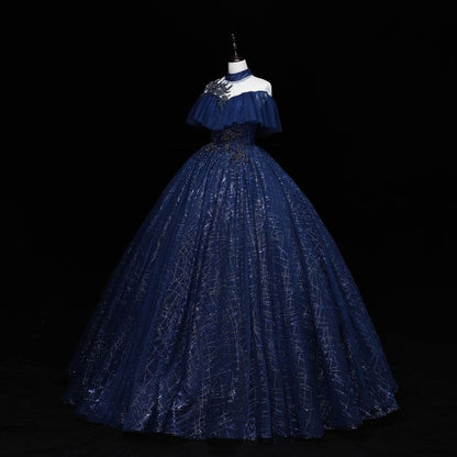 Cap-Sleeve Mock Neck Sequin Ball Gown