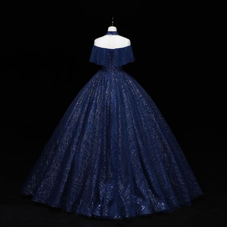 Cap-Sleeve Neck Sequin Ball Gown Mock