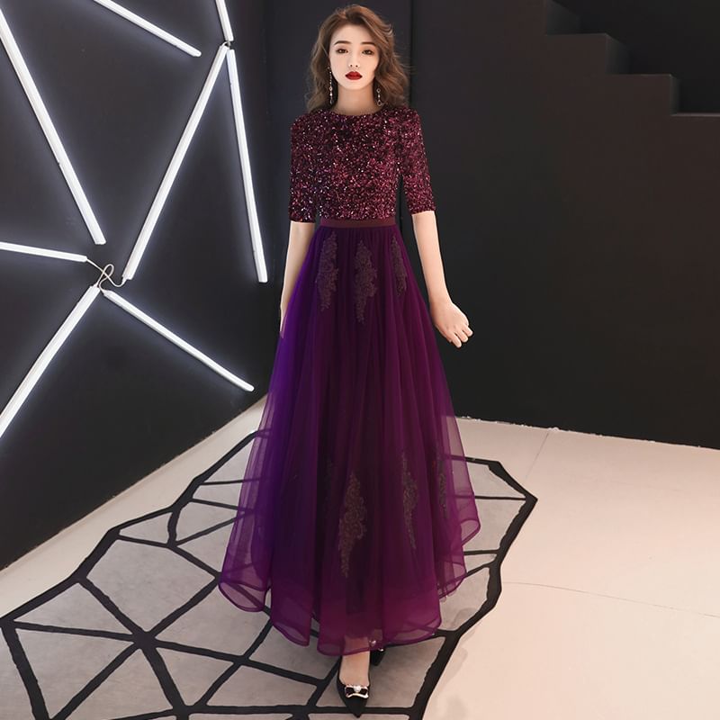 Round Neck Sequin Mesh Panel A-Line Evening Dress (Various Designs)