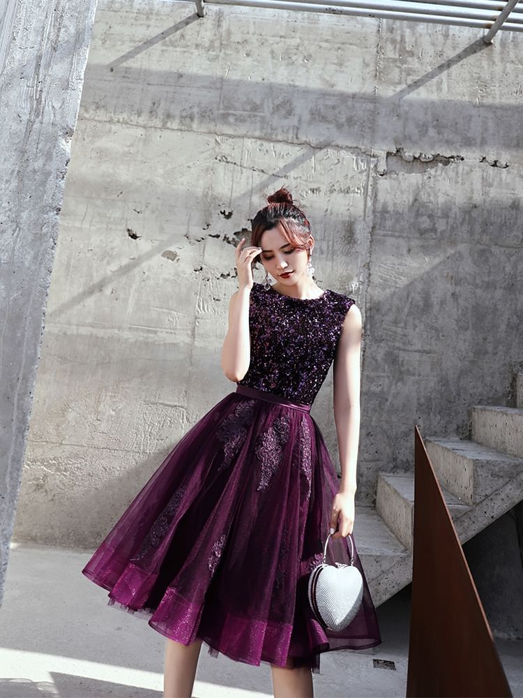 Round Neck Sequin Mesh Panel A-Line Evening Dress (Various Designs)