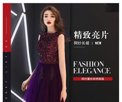 Round Neck Sequin Mesh Panel A-Line Evening Dress (Various Designs)