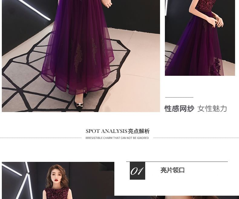 Round Neck Sequin Mesh Panel A-Line Evening Dress (Various Designs)