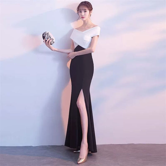 Cap-Sleeve Off-Shoulder Two Tone Slit Mermaid Evening Gown