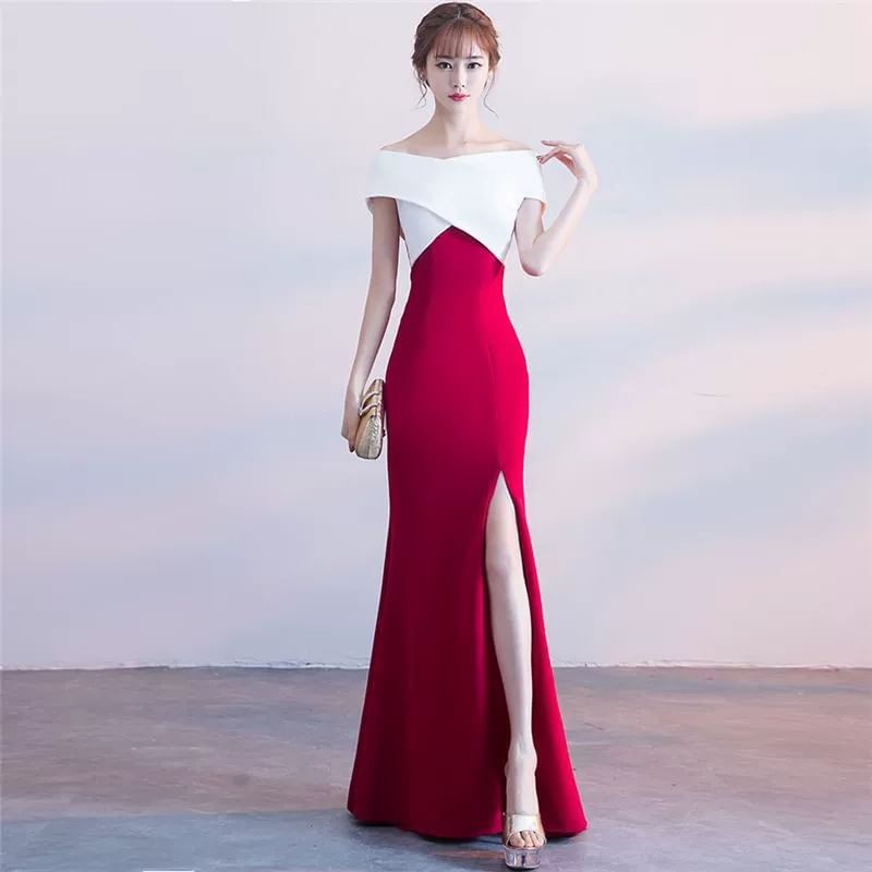 Cap-Sleeve Off-Shoulder Two Tone Slit Mermaid Evening Gown
