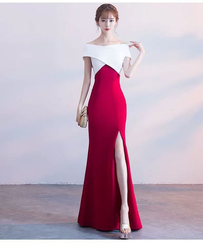 Cap-Sleeve Off-Shoulder Two Tone Slit Mermaid Evening Gown