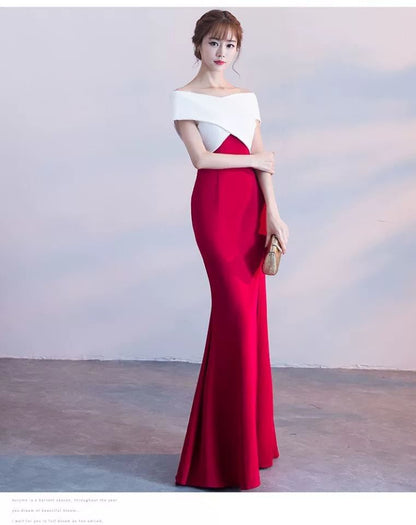 Cap-Sleeve Off-Shoulder Two Tone Slit Mermaid Evening Gown