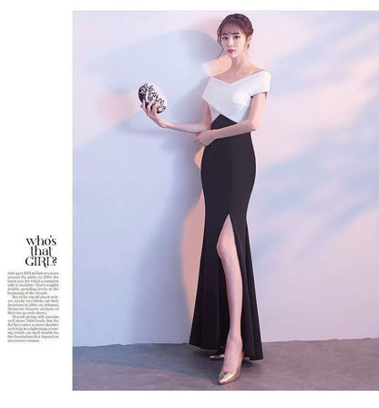 Cap-Sleeve Off-Shoulder Two Tone Slit Mermaid Evening Gown