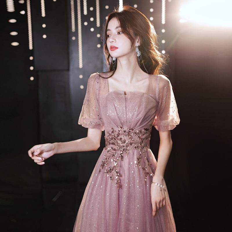 Sequin Designs) Short-Sleeve Tulle Gown A-Line Evening (Various