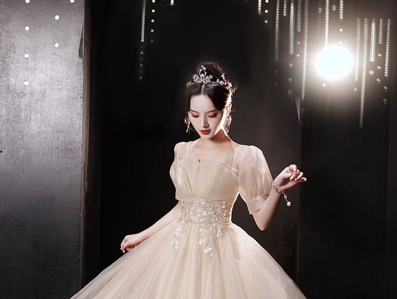 Short-Sleeve Sequin Tulle A-Line Evening Gown (Various Designs)