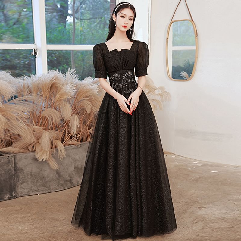 Short-Sleeve Sequin Tulle A-Line Evening Gown (Various Designs)
