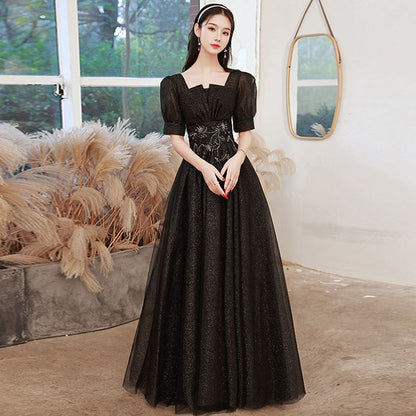 Short-Sleeve Sequin Tulle A-Line Evening Gown (Various Designs)