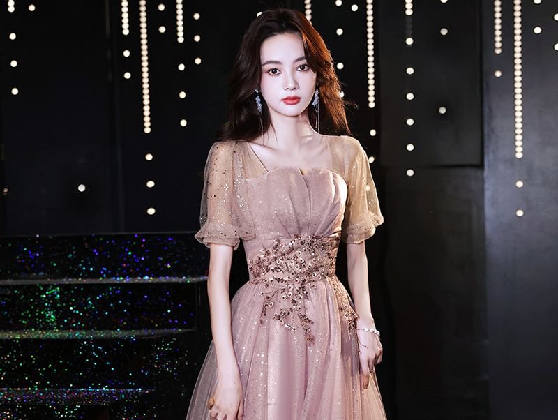 Short-Sleeve Sequin Tulle A-Line Evening Gown (Various Designs)