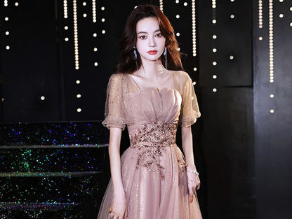 Short-Sleeve Sequin Tulle A-Line Evening Gown (Various Designs)