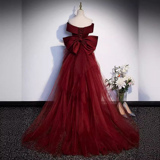 Off-Shoulder Plain Bow Mesh Panel Mermaid Evening Gown