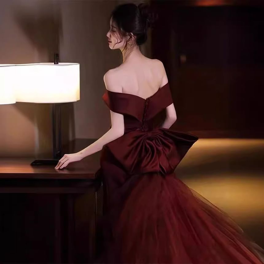 Gown Off-Shoulder Panel Mermaid Evening Bow Mesh Plain