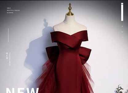 Off-Shoulder Plain Bow Mesh Panel Mermaid Evening Gown