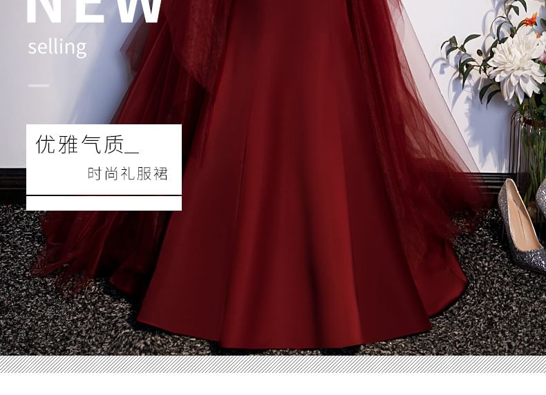 Off-Shoulder Plain Bow Mesh Panel Mermaid Evening Gown