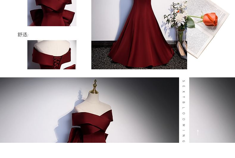 Off-Shoulder Plain Bow Mesh Panel Mermaid Evening Gown