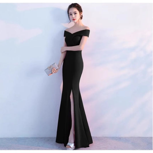 Off-Shoulder Plain Slit  Mermaid Evening Gown