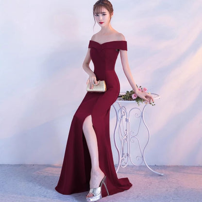 Off-Shoulder Plain Slit  Mermaid Evening Gown