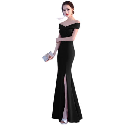 Off-Shoulder Plain Slit  Mermaid Evening Gown