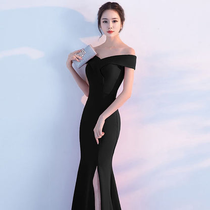 Off-Shoulder Plain Slit  Mermaid Evening Gown